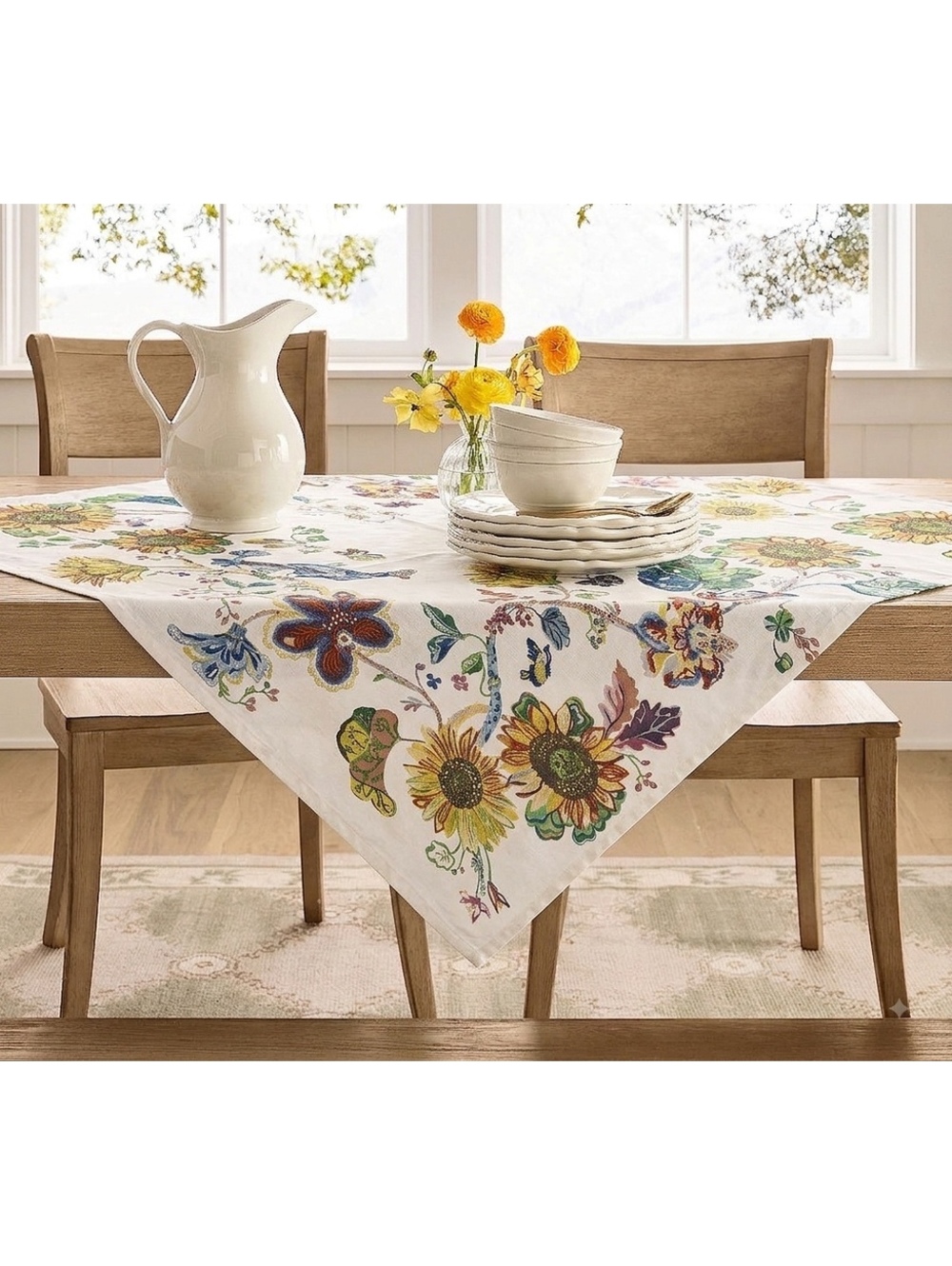 Pottery Barn Embroidered Sunflower Botanical Fall Table Throw 50x50